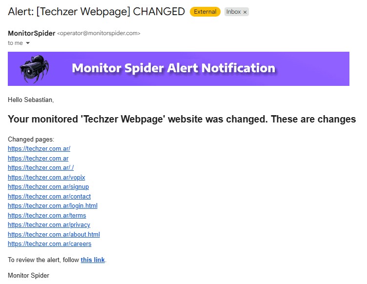 A MonitorSpider CHANGED alert email listing the pages that changed